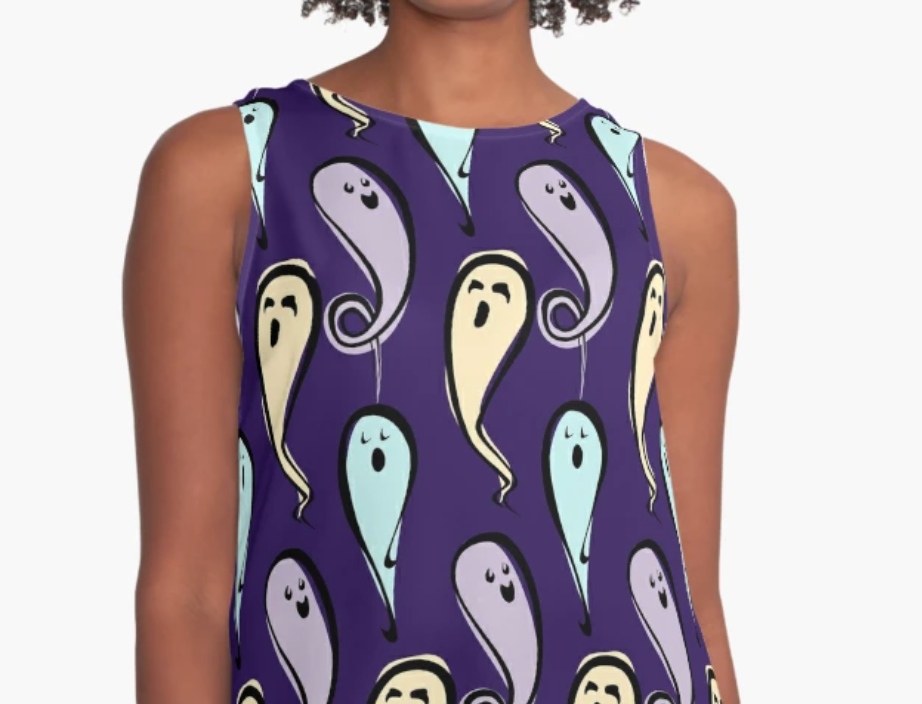 a shirt printed with a pattern of three cute ghosts