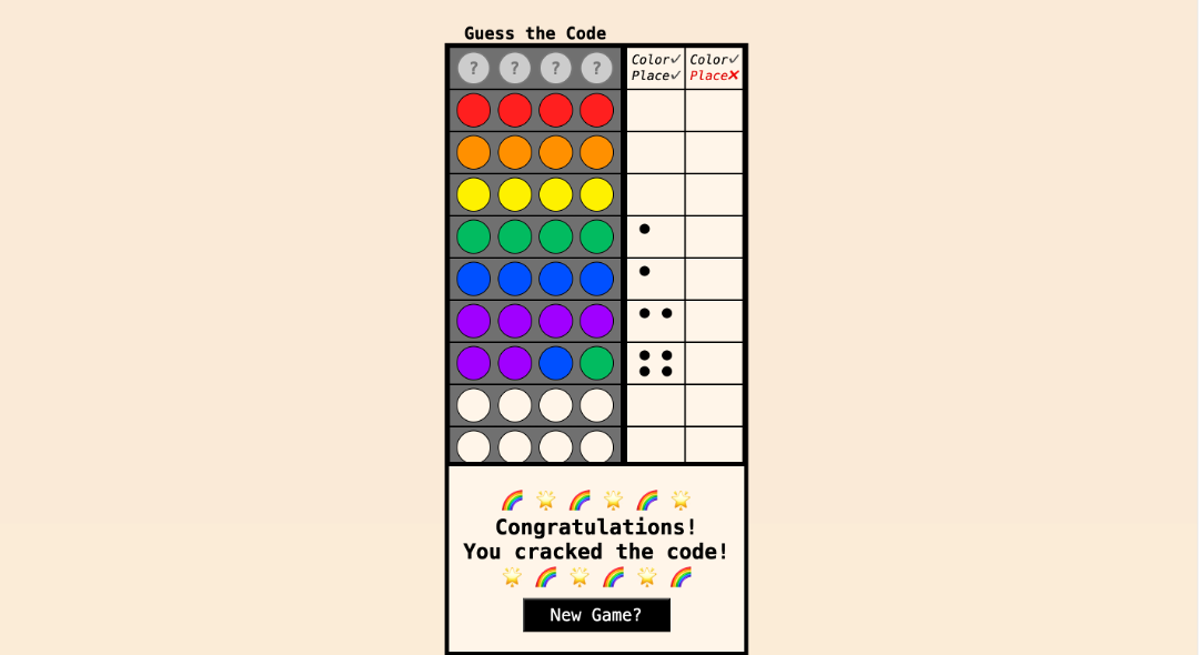 a screenshot of a Mastermind game board after a player has won by guessing the correct sequence of four colors